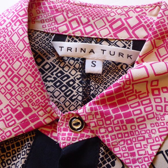 Trina Turk Meadows Top Button-up Silk Blouse Shirt Pink Tan Black Geo Pattern SM - Picture 8 of 15